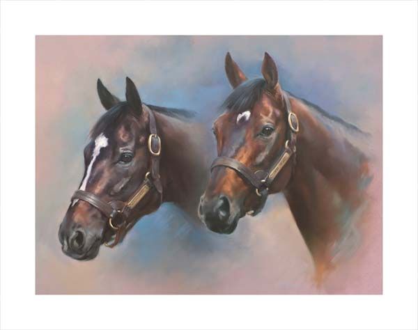 An equine, equestrian, racehorse and horse wall art canvas print of Japan stallions Sunday Silence and Deep Impact by Jacqueline Stanhope. Signed limited edition.